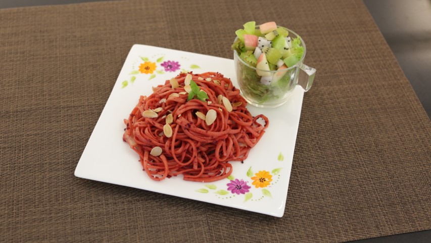 Beetroot Pasta with Fruits