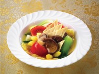 Sauteed Seasonal Vegetables with Mixed Mushrooms and Fresh Tomatoes and Bean Curd Sheet in Broth