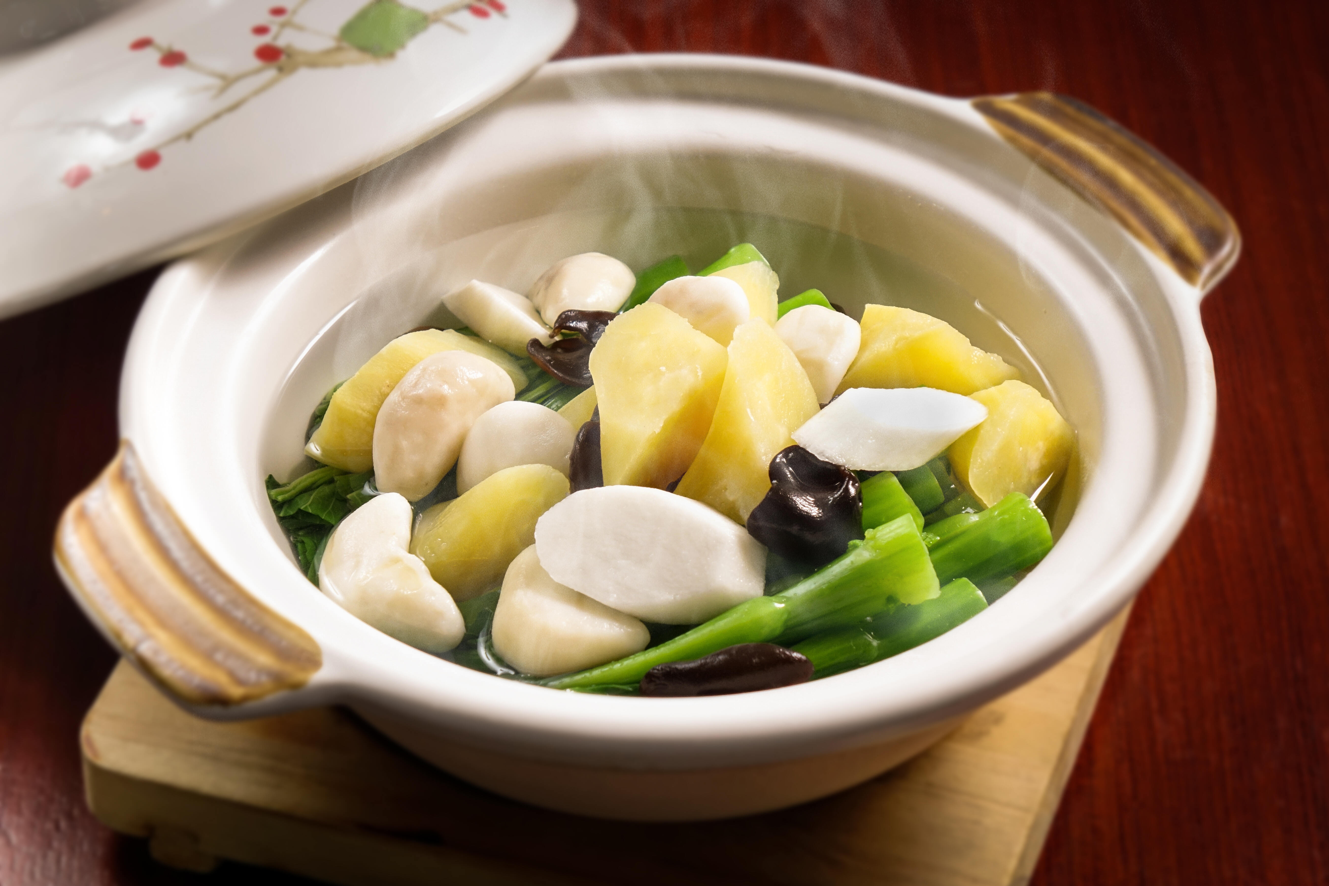 Simmered choy sum, Chinese salsify, sweet potato, fungus, horned water chestnuts, mineral water