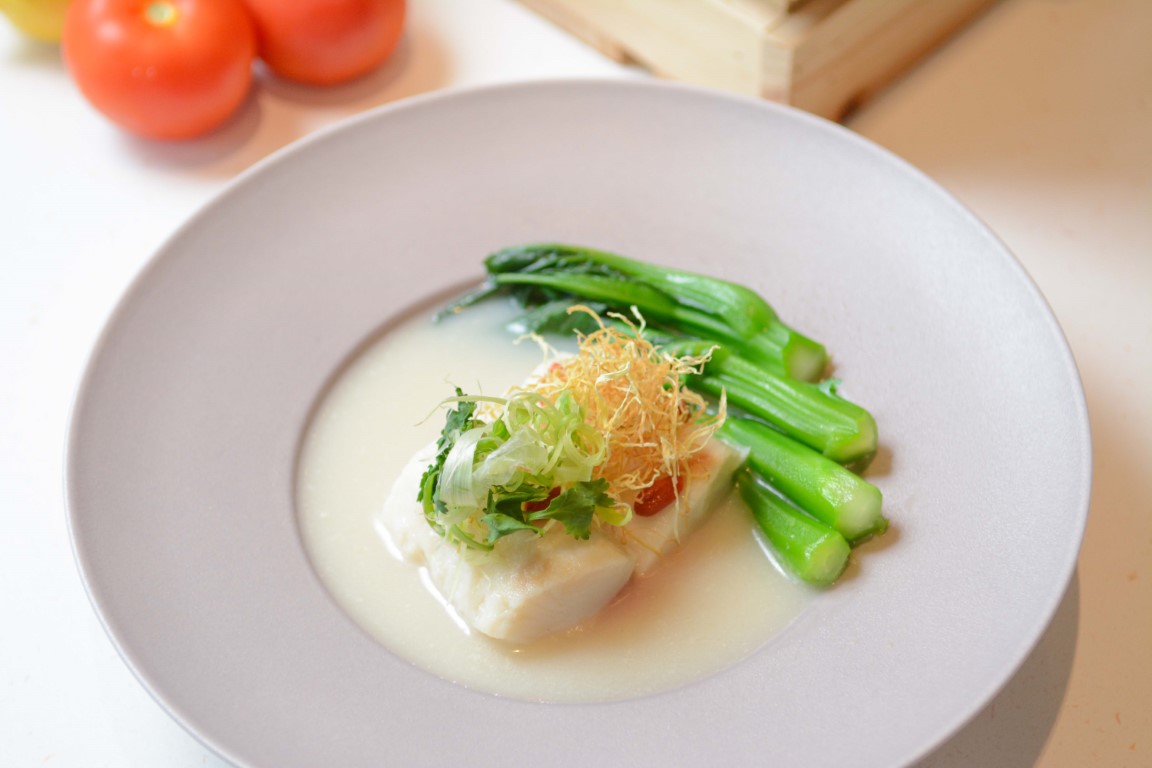 Simmered Cod Fish in Fish Soup and Tomato with Seasonal Vegetables
